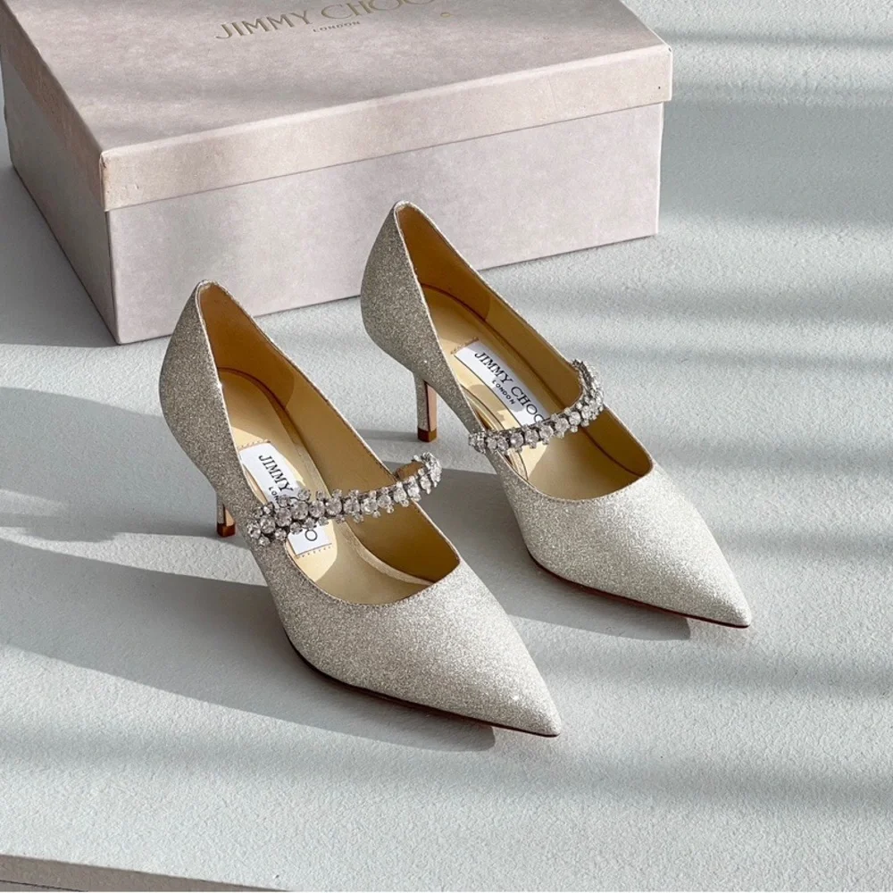 Jimmy Choo Silver Glitter Crystal-Strap Pointed Pumps
